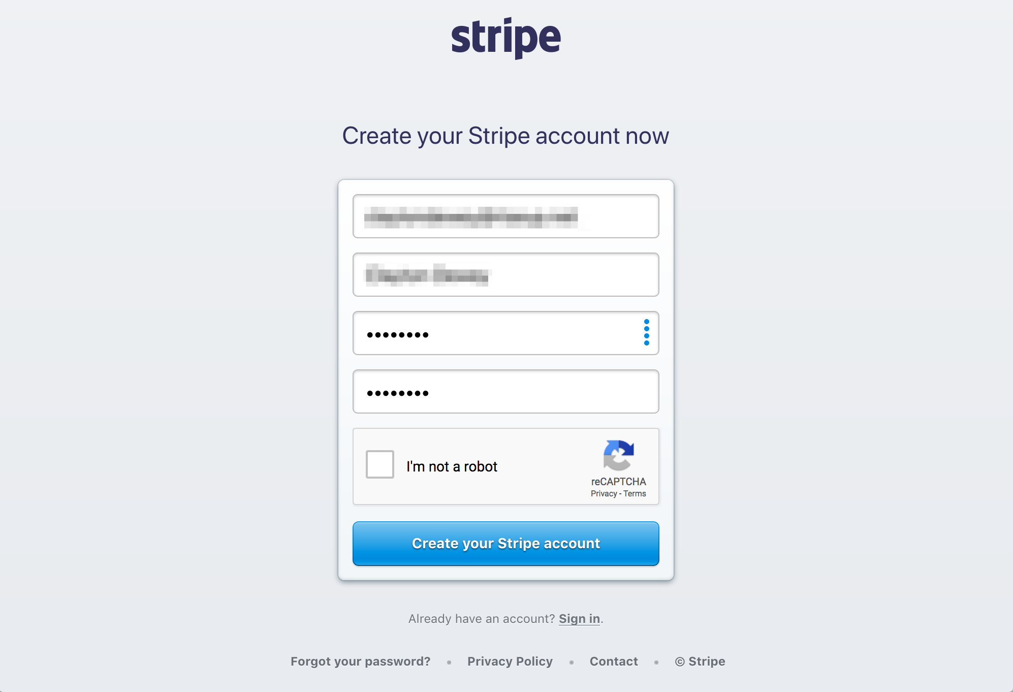 Stripe account creation form.