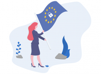 Woman planting an EU flag with a lock symbol in the middle into the ground.