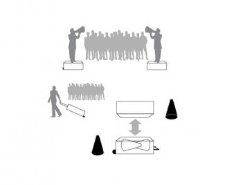 Silhouettes of a people on soapboxes shouting through bullhorns at a crowd, demonstrating stand / deliver, a portable dueling free speech unit, a mobile box equipped with two platforms and megaphones.