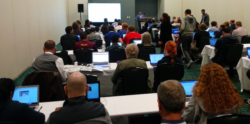 Mauricio presenting on Drupal migrations at DrupalCon Nashville.