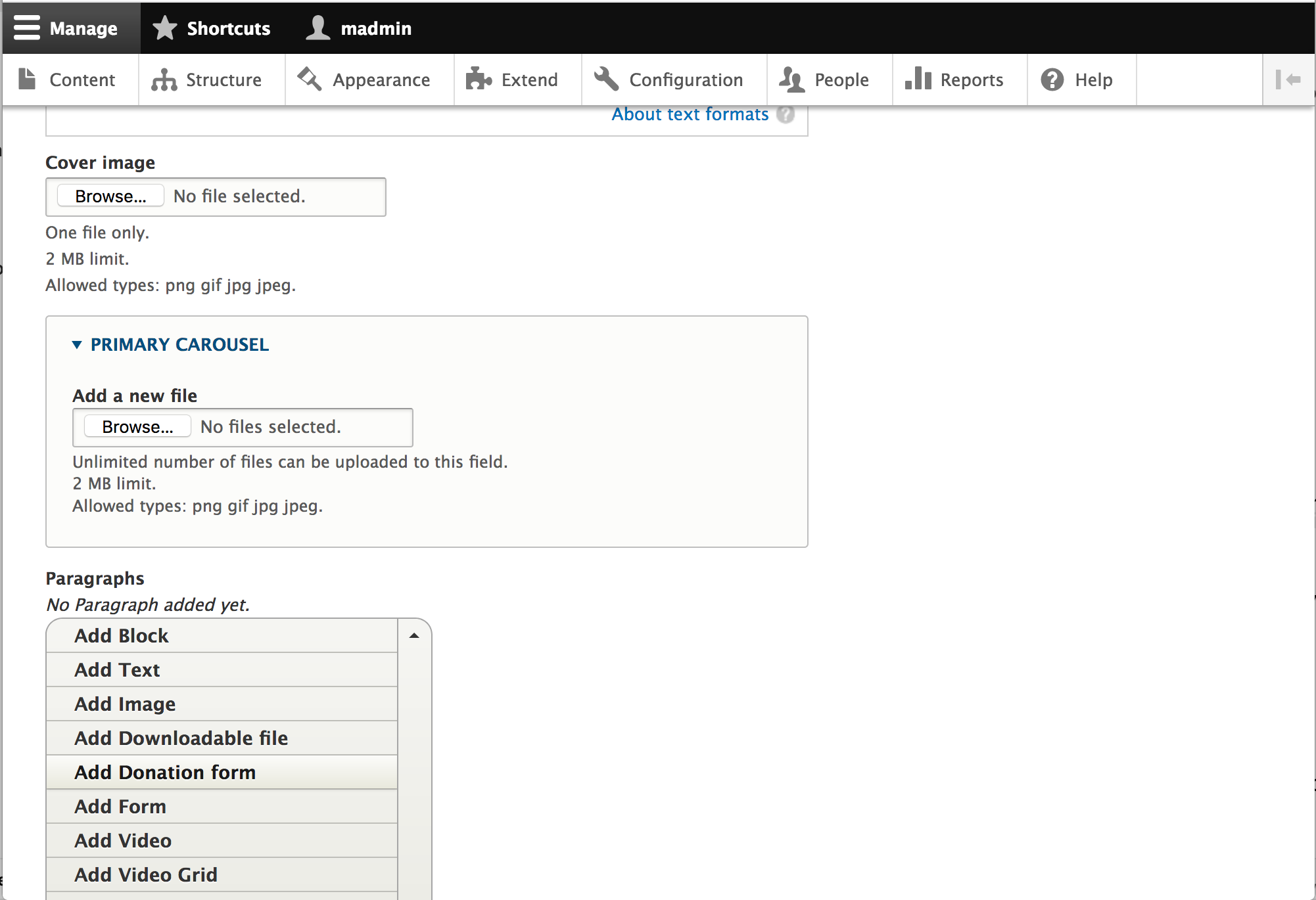 Paragraph selection field with Donation form option