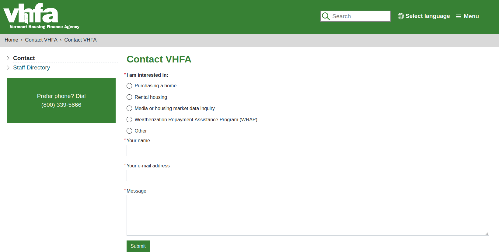 VHFA contact form
