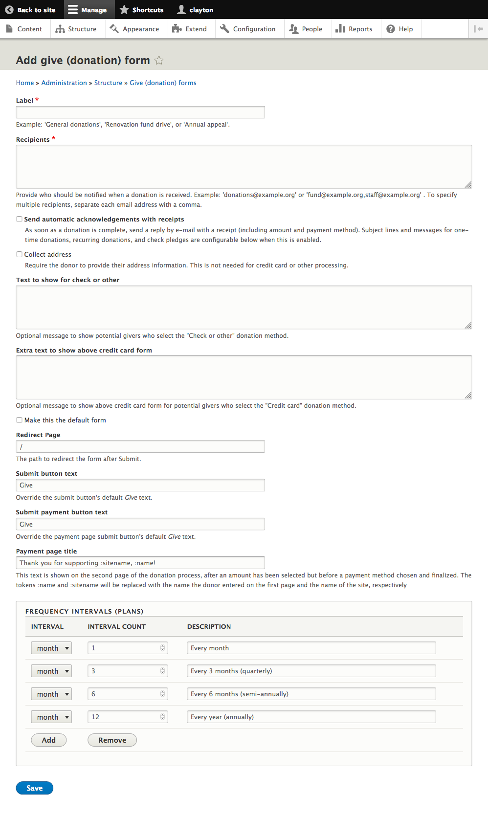 Give donation form creation page