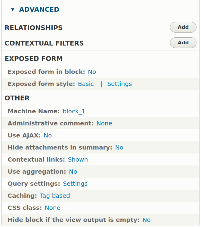 The advanced configuration options for a Drupal view.