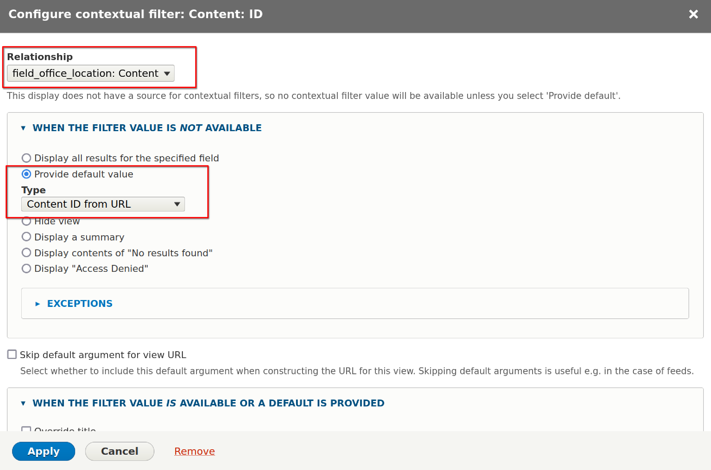 The contextual filter configuration screen.