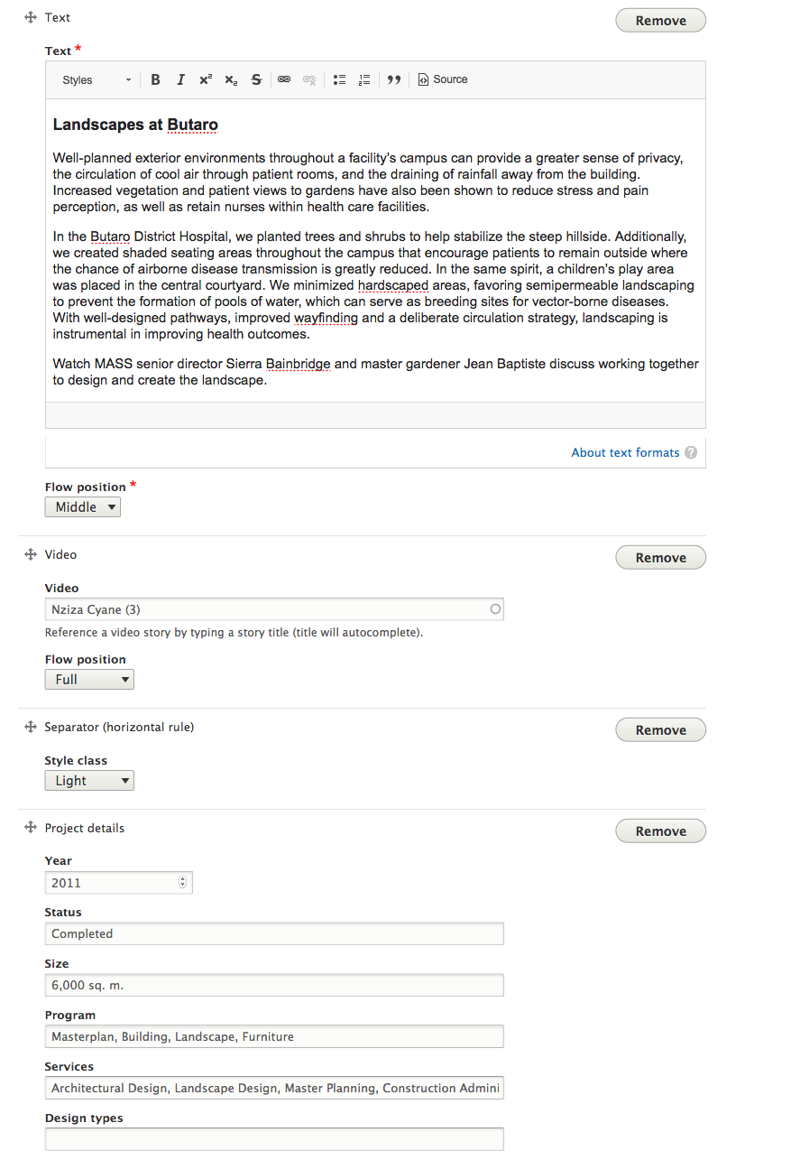 Screenshot of content entry form using Paragraphs.