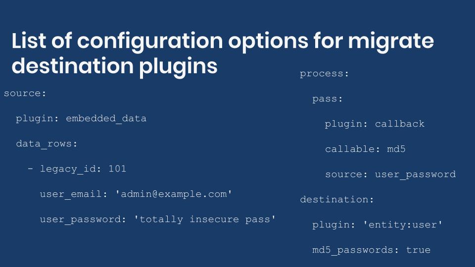 List of configuration options for destination plugins