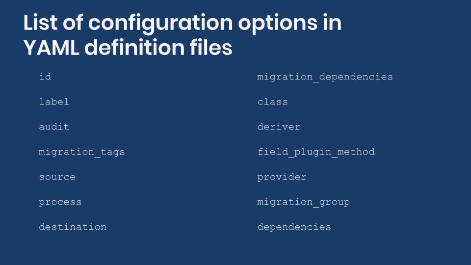 List of configuration options in YAML definition files