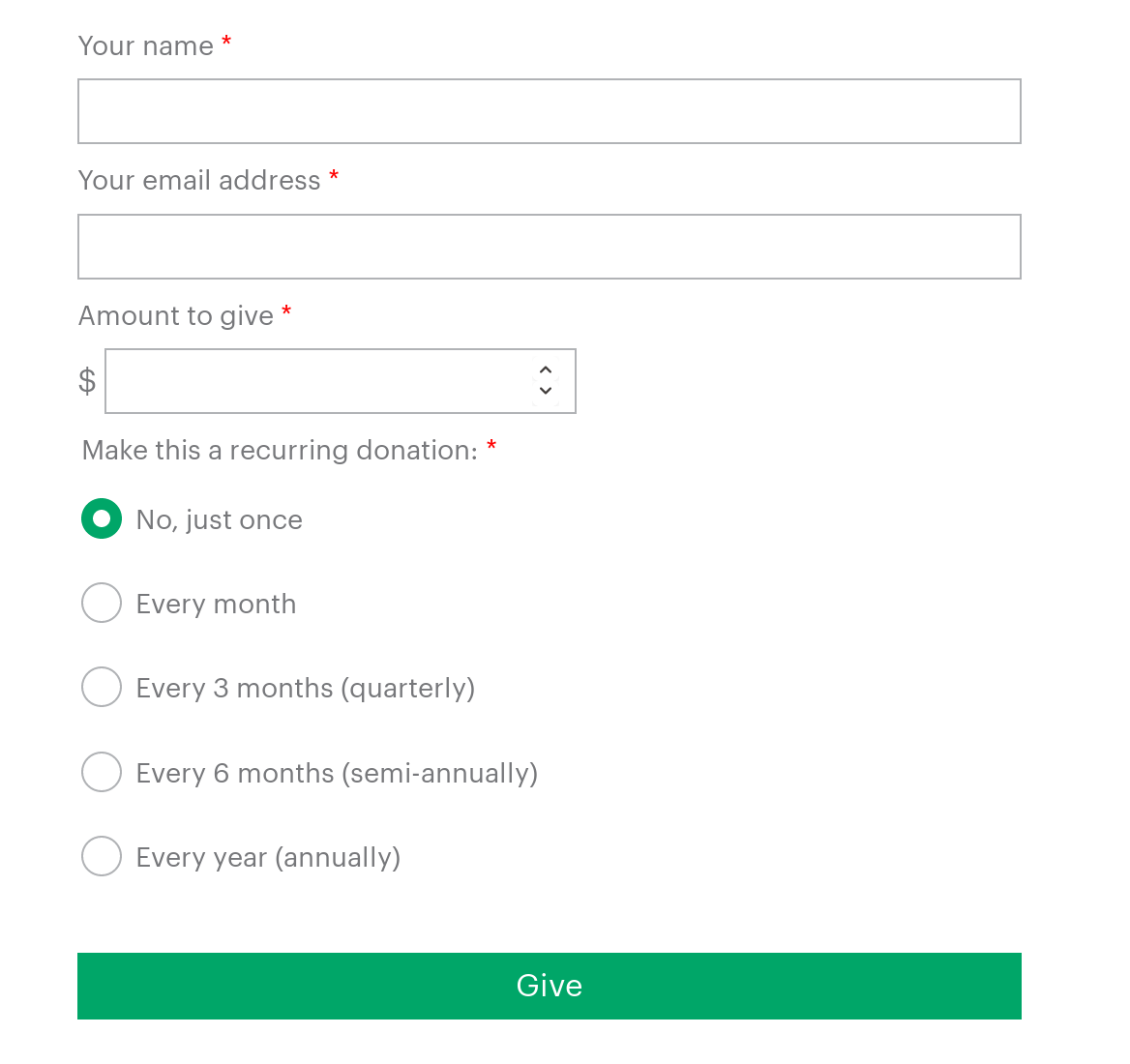 Screenshot of a give donation form, with name, e-mail address, amount, recurring options as radio buttons, and a big Give button at the bottom.