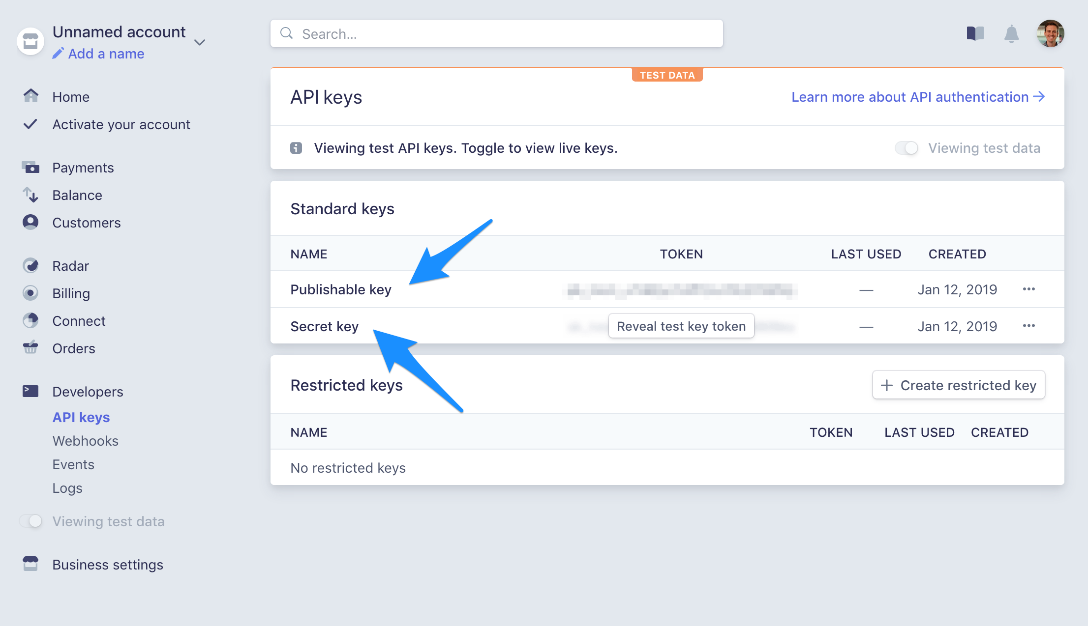 Screenshot of Stripe's interface showing the API keys