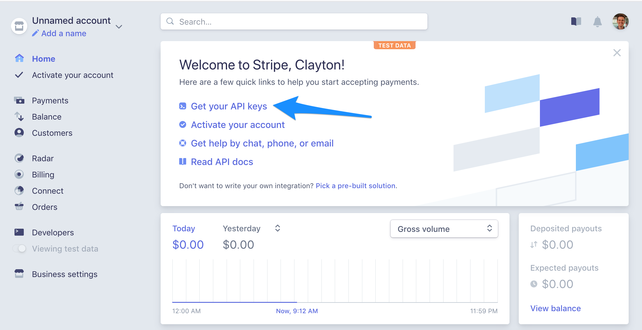Stripe's dashboard with link to creating API keys pointed out.