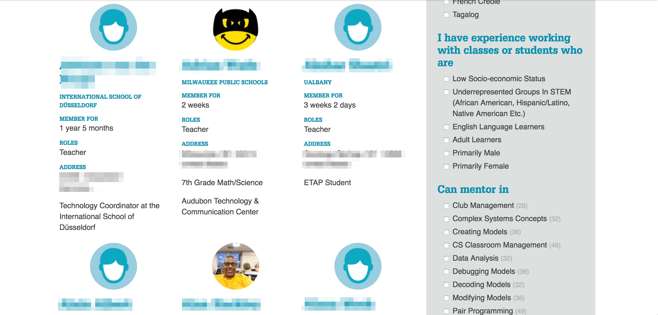 Screenshot of member directory