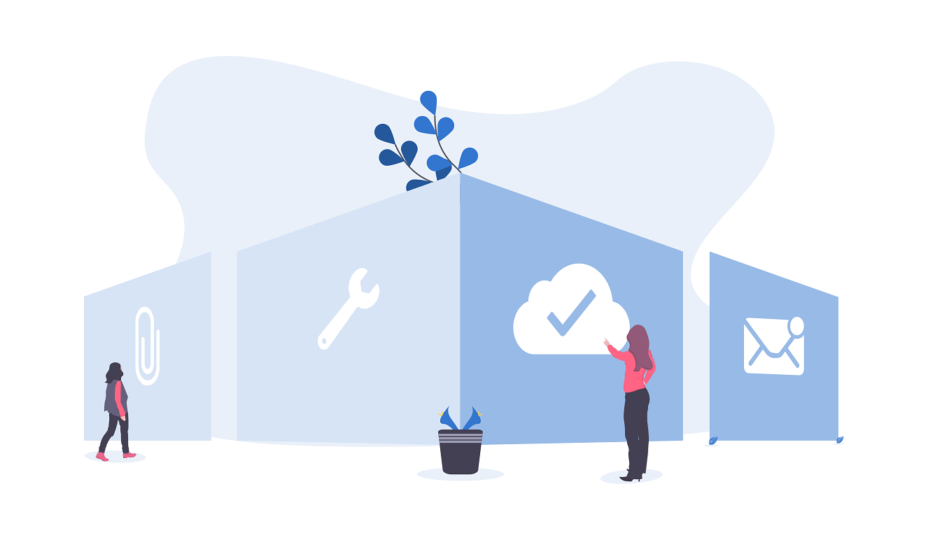 Illustration of people standing next to giant icons representing productivity.
