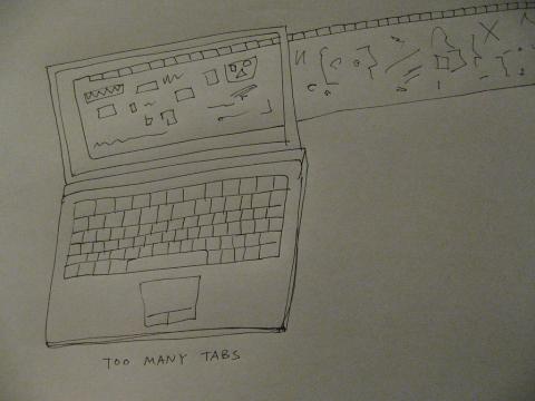 A drawing of a laptop with open tabs extending outside of the laptop as horizontally tiled windows.