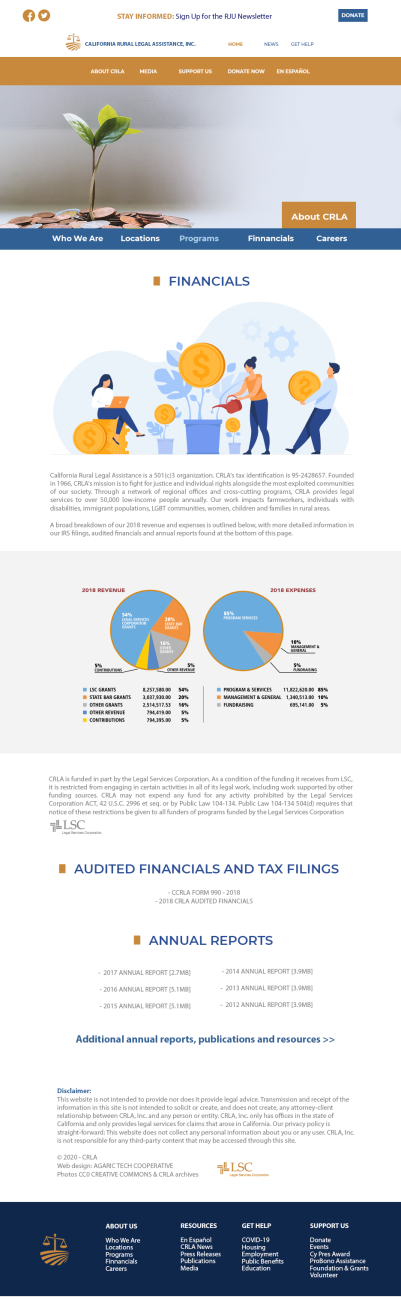 A long, mobile version of the CRLA website's financials page.