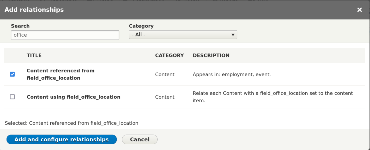 The relationship selection screen.