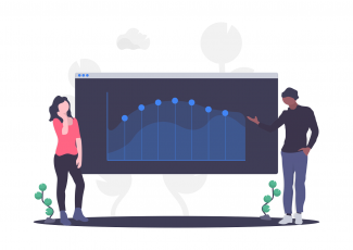 Two people looking at an analytics chart.