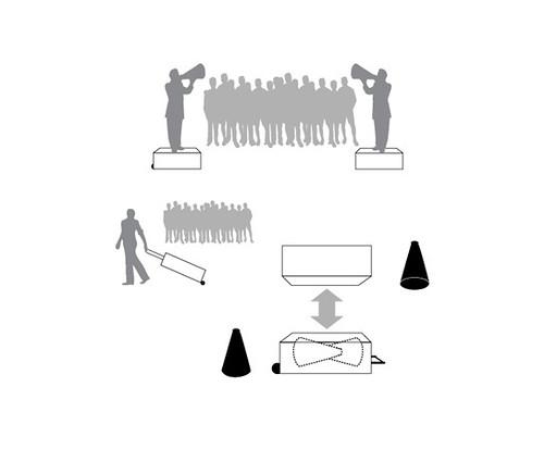 Silhouettes of a people on soapboxes shouting through bullhorns at a crowd, demonstrating stand / deliver, a portable dueling free speech unit, a mobile box equipped with two platforms and megaphones.